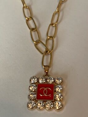 Gold plated Paperclip Necklace with Red & Crystal Pendant